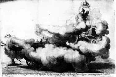 Un carrosse tiré par des griffons et conduit par Carlo di Loreno, gravé par Gerard Bouttats (né en 1630)